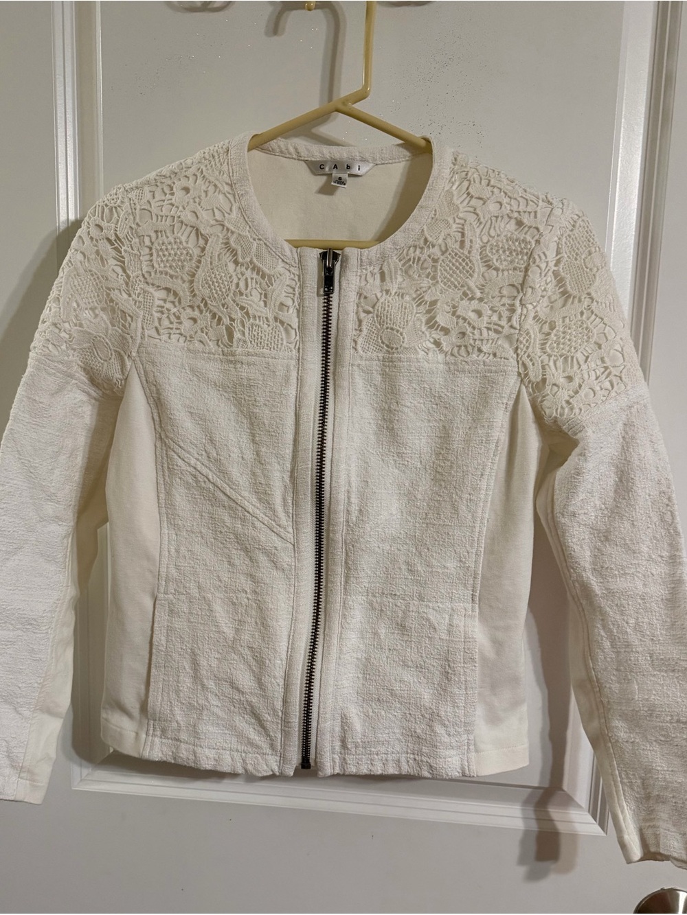 CAbi Cream Lace-Detail Zip Jacket